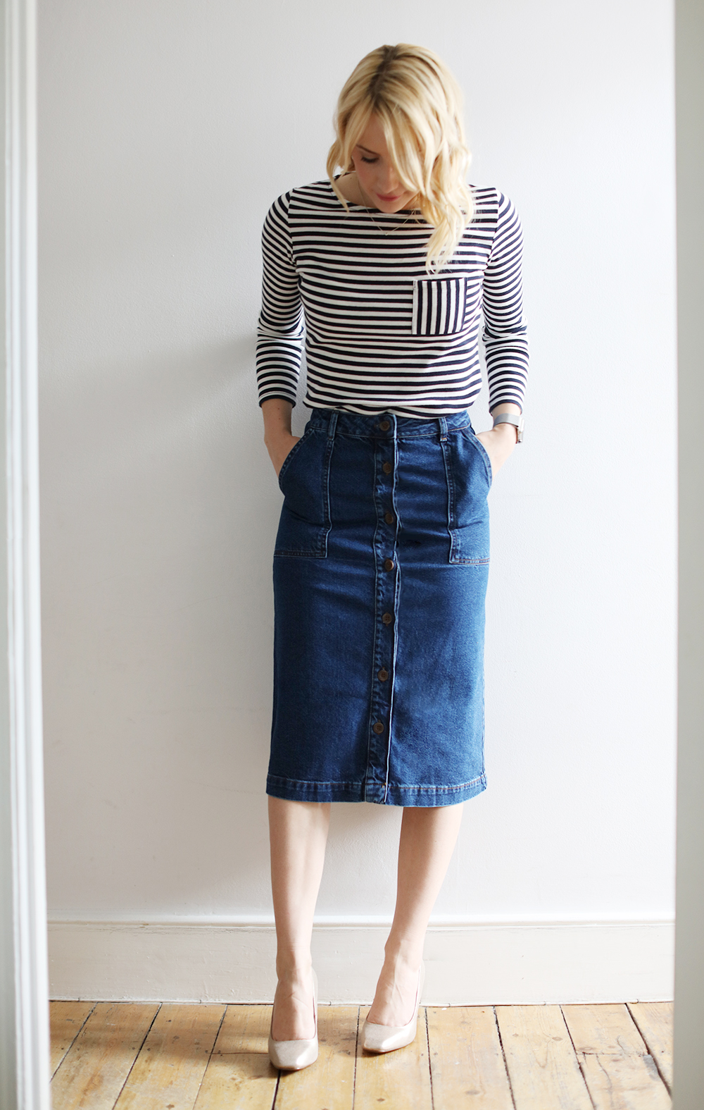 CocoMamaStyle blog | outfit of the day | breton top | denim a line skirt