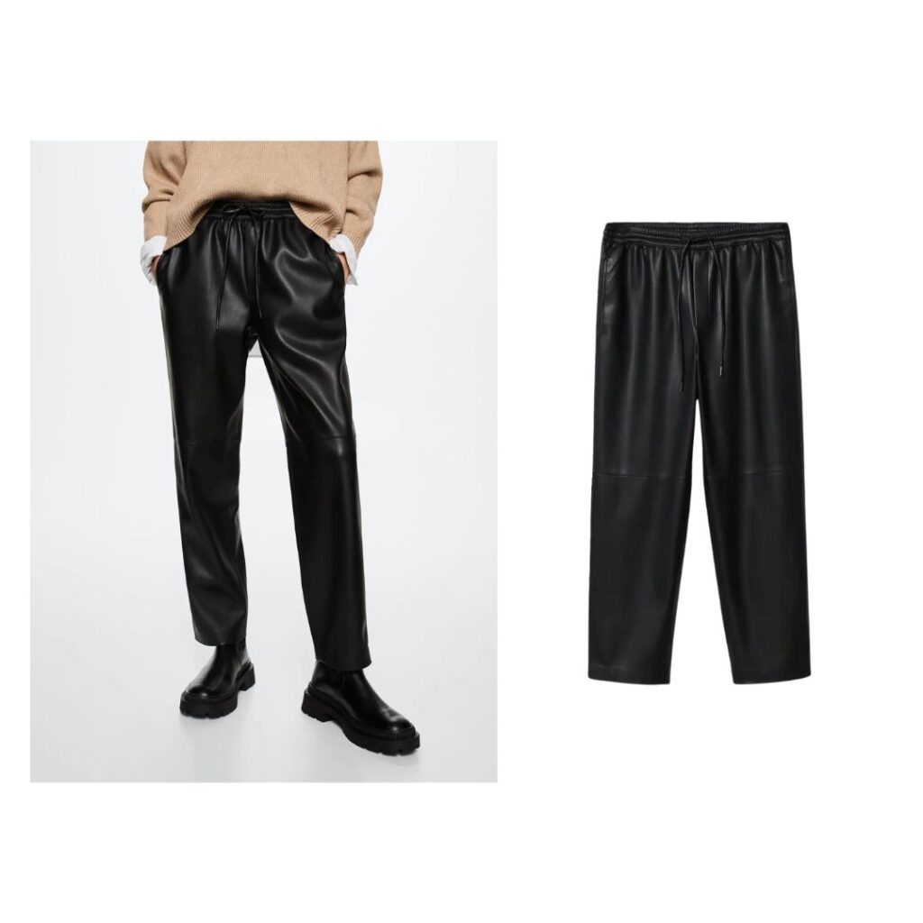 Model wearing faux leather jogging trouser next to still life image of faux leather jogger.