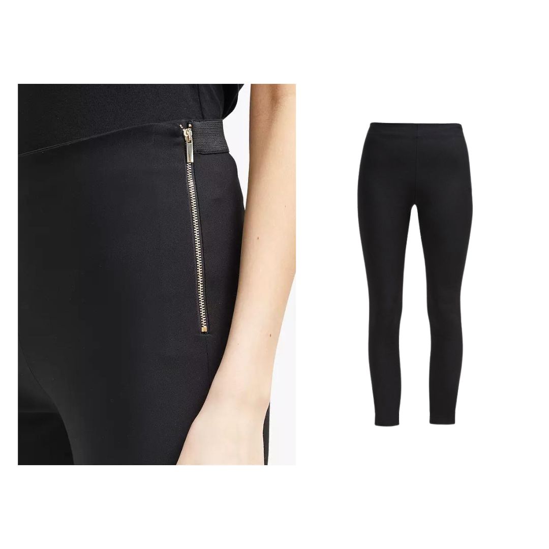 Left: Cropped image of side waistband of model wearing black fitted trousers with visible metal zip. Right: Still life image of black skinny fit trousers