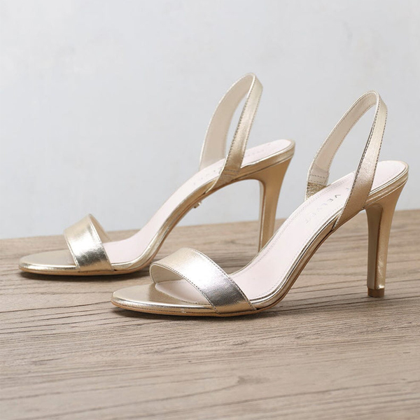 gold slingback high heel metallic sandals