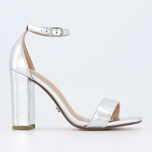 silver vegan high heel ankle strap metallic sandals